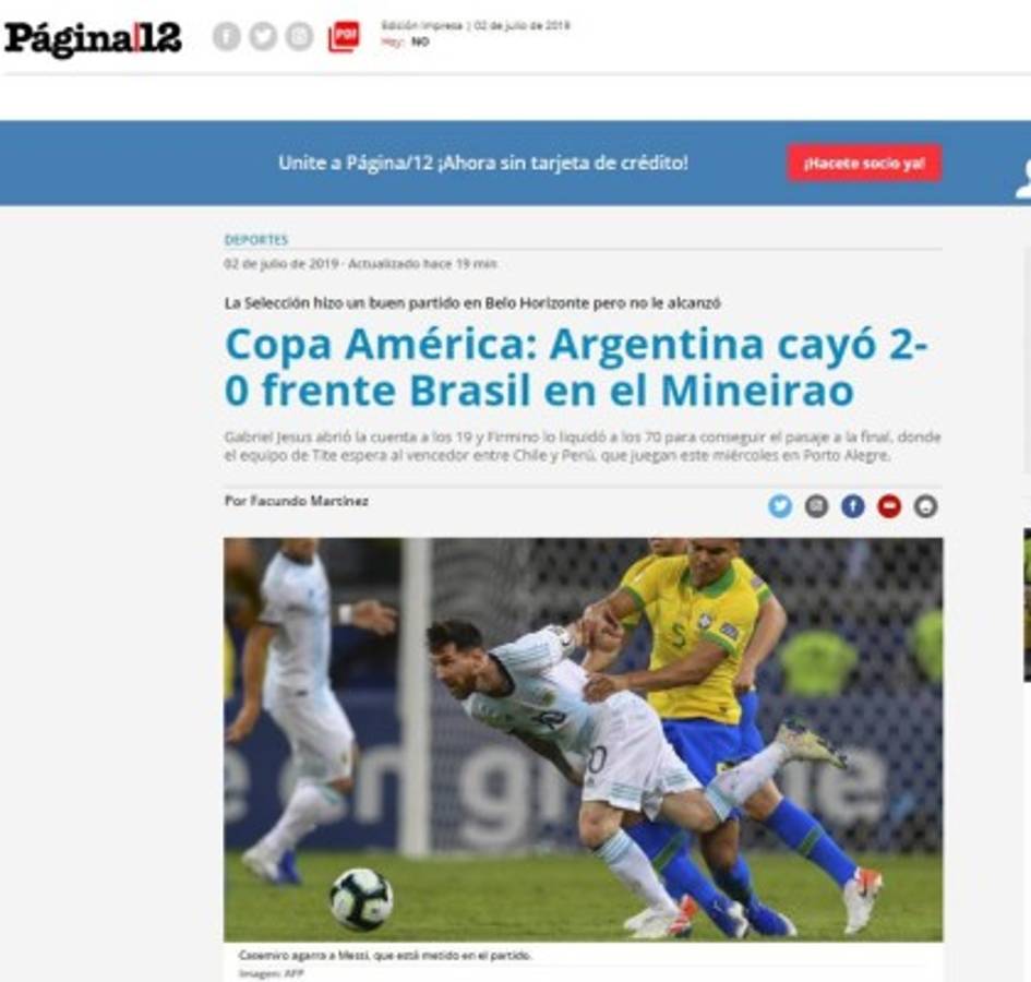 Así reaccionan los medios luego de la eliminación de Argentina ante Brasil