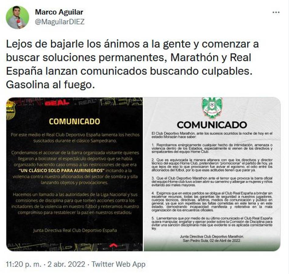 “Terrible” y “clásico manchado”: La prensa internacional y periodistas sobre los incidentes en el Real España-Marathón