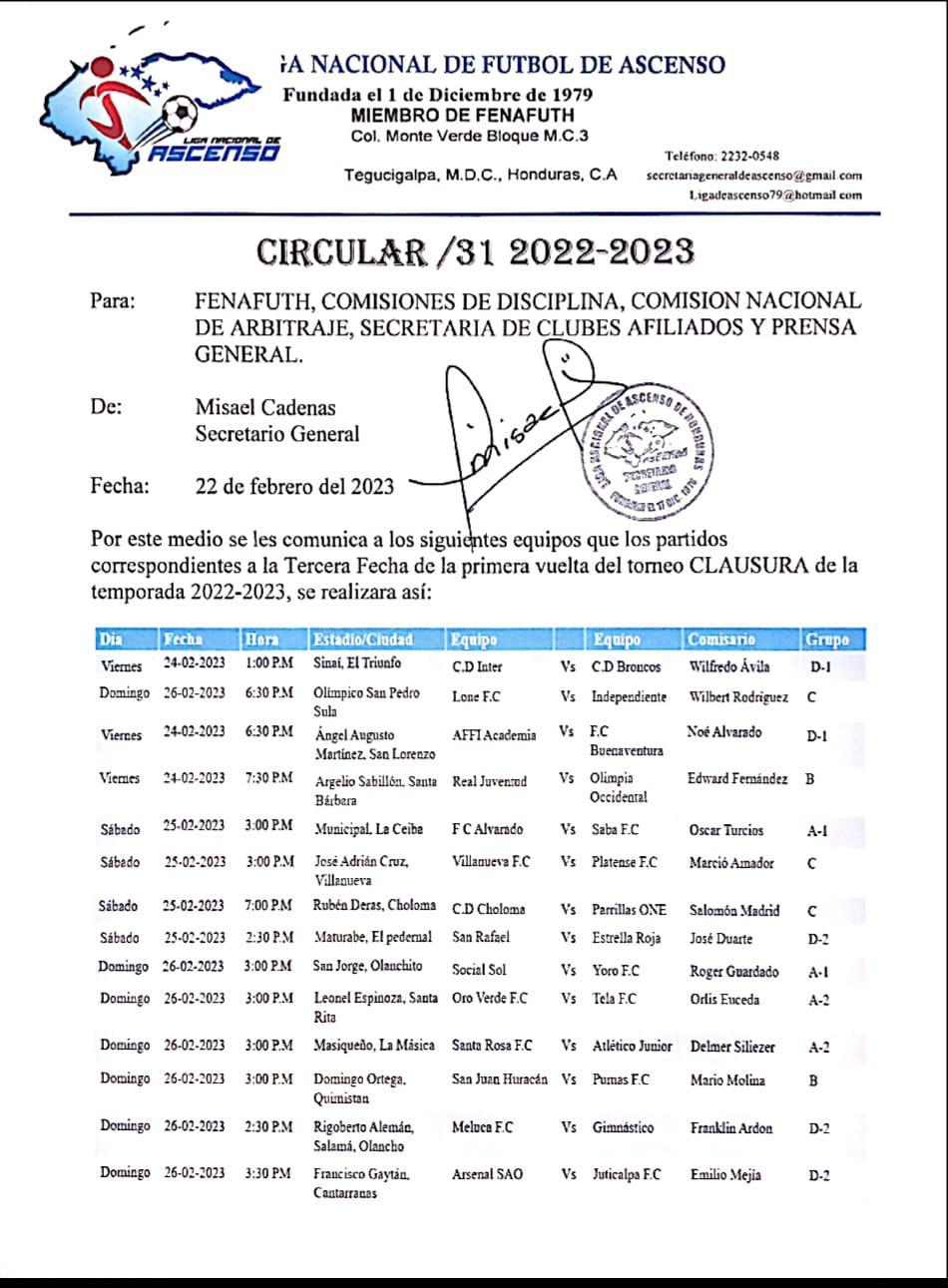 Así se jugará la jornada tres del torneo Clausura 2023 de la Liga Nacional de Ascenso.