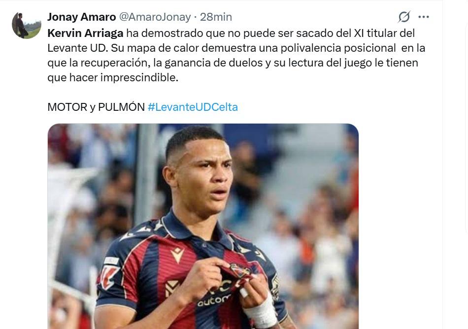 Es dueño del Levante y es una bestia: aficionados explotan tras el gol de Kervin Arriaga en España