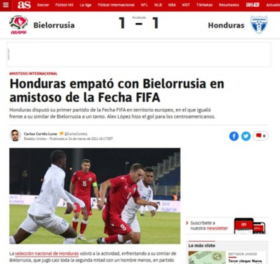 Prensa Internacional elogia a Alex López por su golazo en el empate de Honduras ante Bielorrusia
