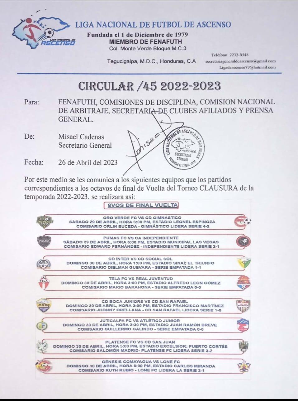 El calendario oficial de los partidos de vuelta de los octavos de final del Clausura 2023.