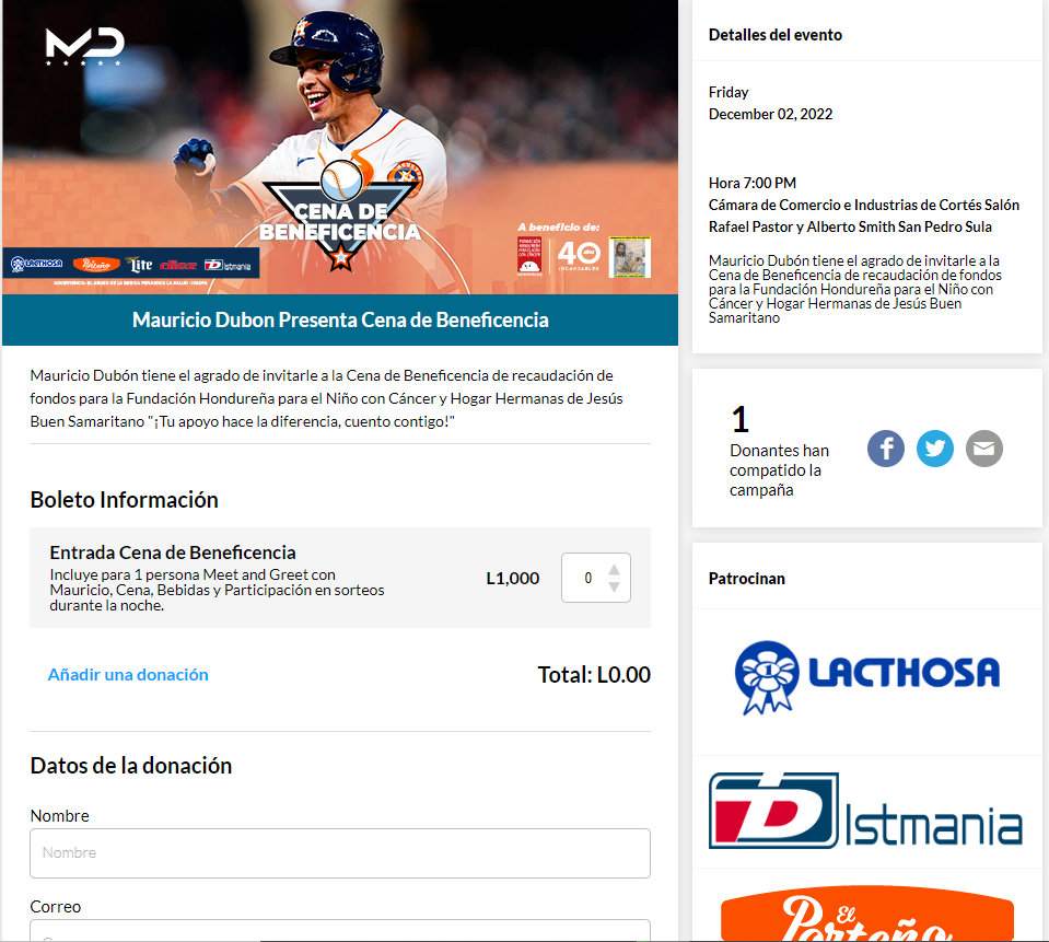 Para comprar vía online tu tarjeta para la cena benéfica, debes ingresar tus datos en la página web <b><a rel=nofollow noopener noreferrer href=https://eventos.salvamivida.org/mauriciodubon/Donate/Tickets target=_blank>eventos.salvamivida.org/mauriciodubon</a>.</b>