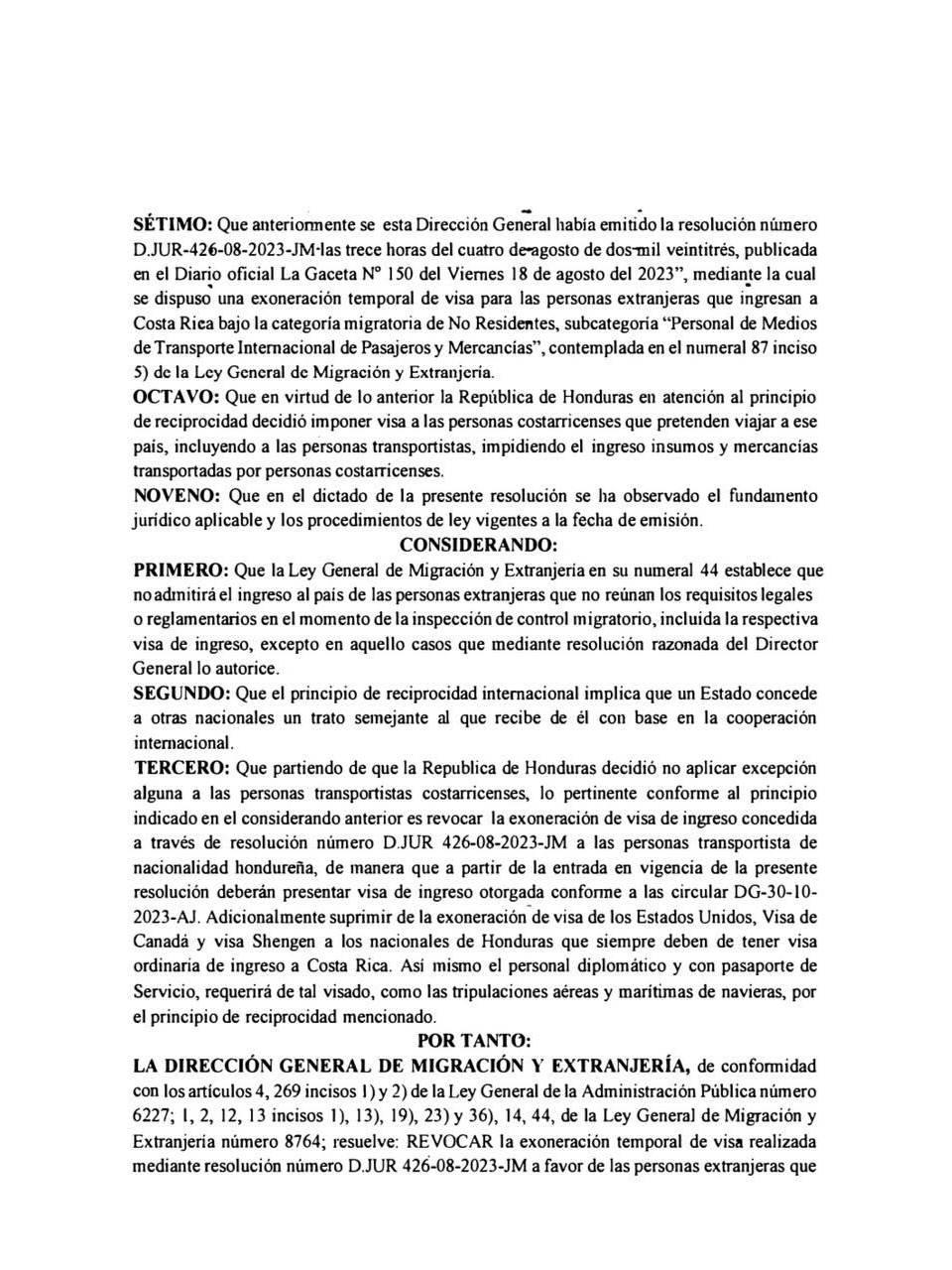 Documento sobre la eliminación de las excepciones para los hondureños.