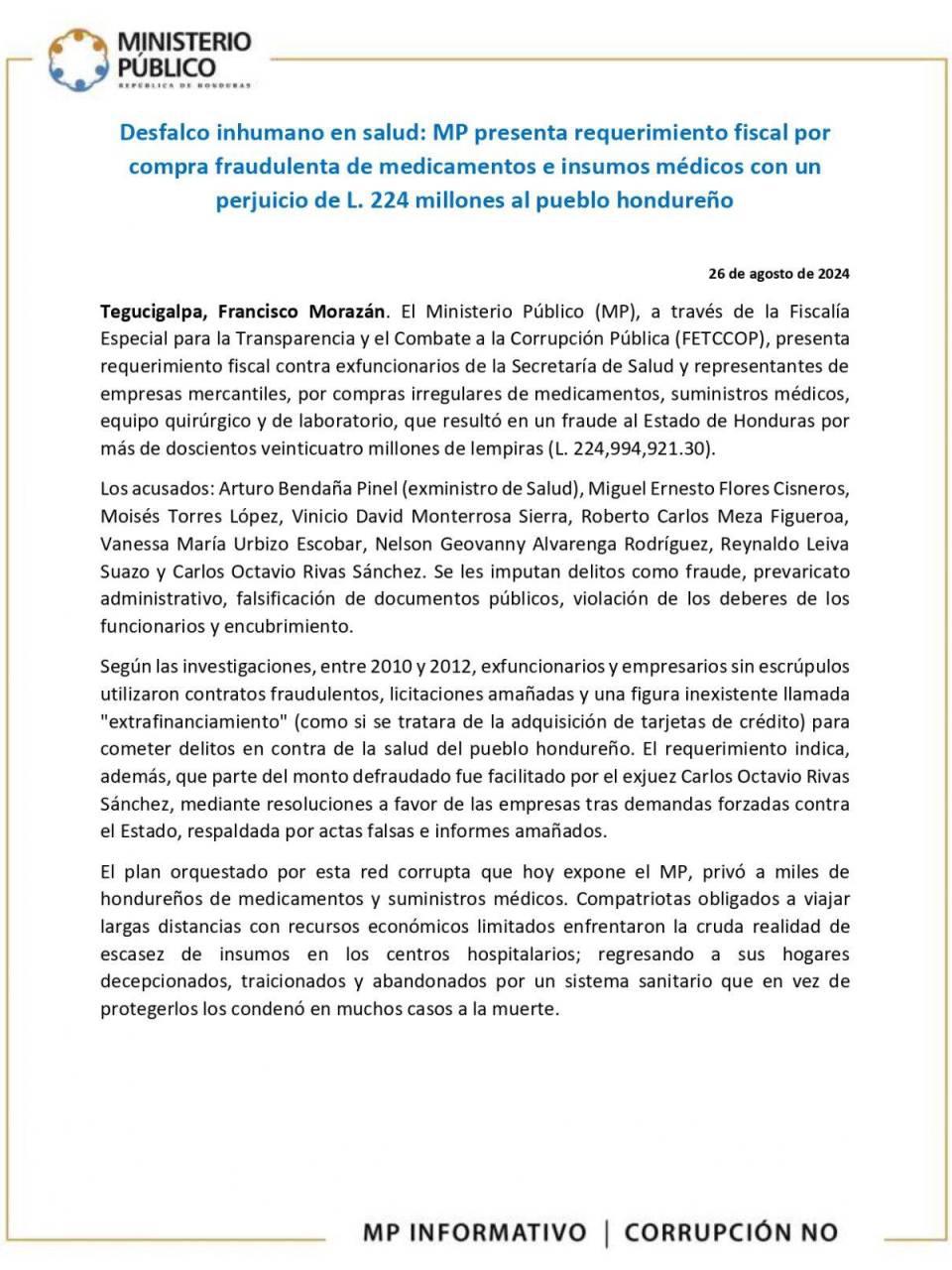 El comunicado que giró el Ministerio Público sobre la captura de Arturo “Tuky” Bendaña.