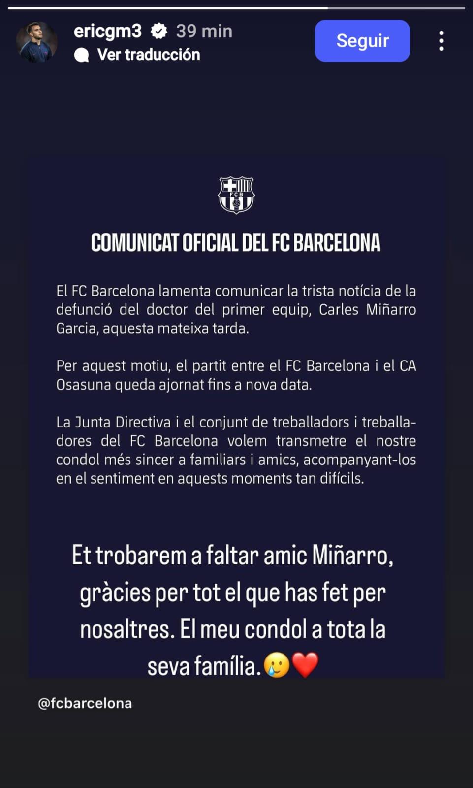Jugadores del Barcelona, destrozados por la muerte del doctor Carles Miñarro: “aún no me lo creo”