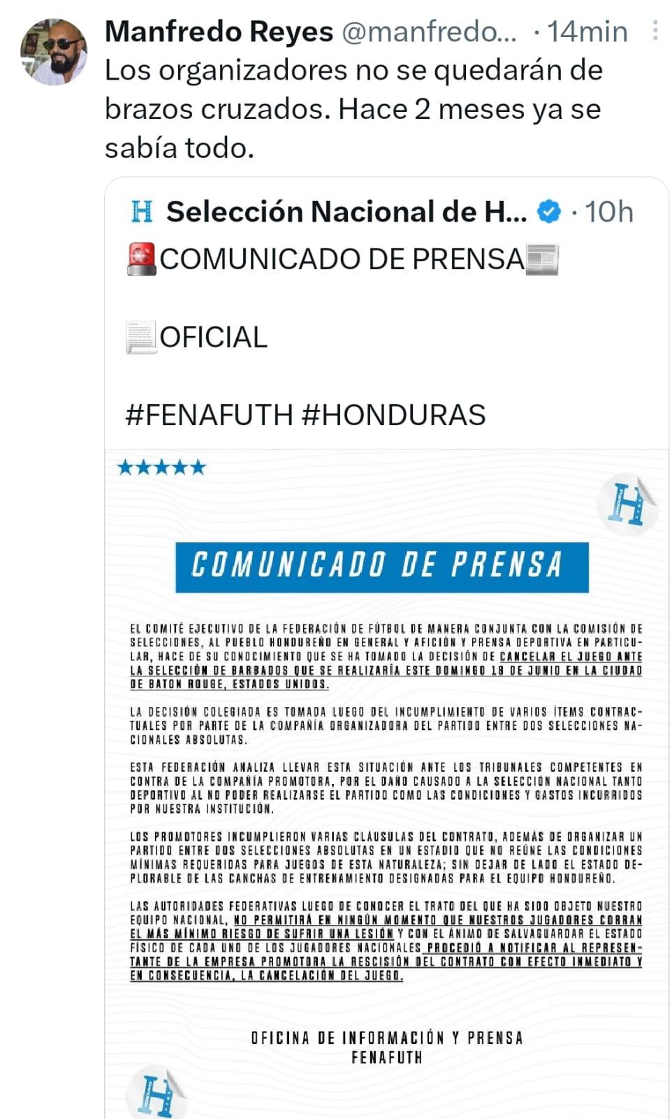 Prensa hondureña reacciona tras confirmarse la suspensión del partido amistoso entre Honduras vs Barbados