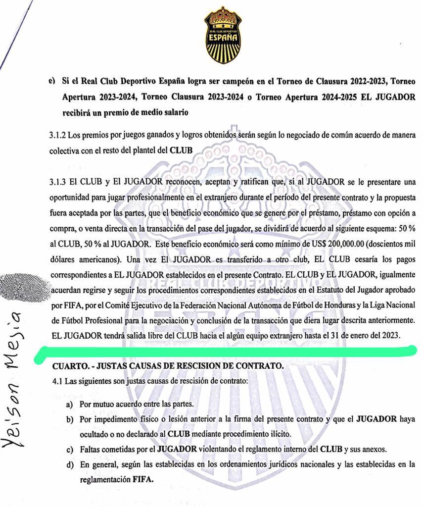 Lo que dice el contrato de Yeison Mejía con Real España en la cláusula 3.1.3.