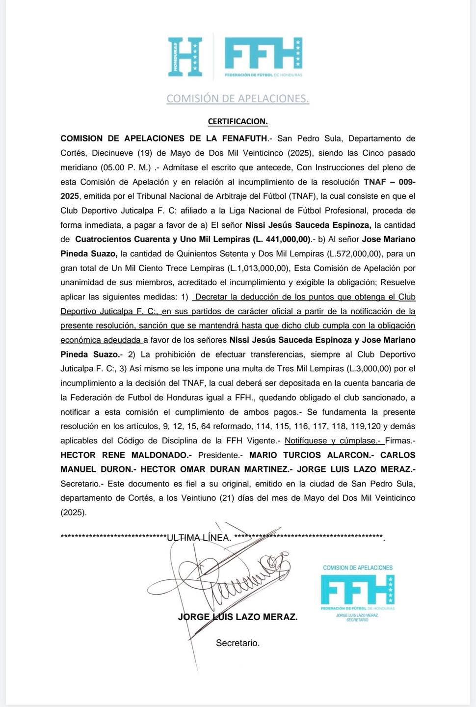 Juticalpa FC se encuentra en graves problemas luego de obtener la salvación en la Liga Nacional de Honduras