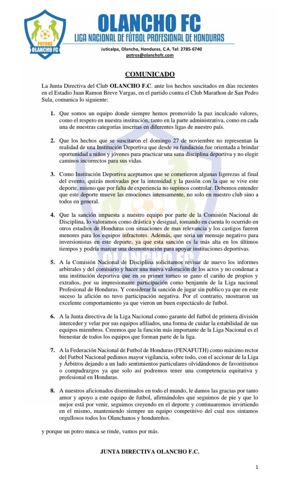 Olancho FC lanza comunicado y solicita reconsideración a la Comisión de Disciplina tras polémica en el duelo contra Marathón