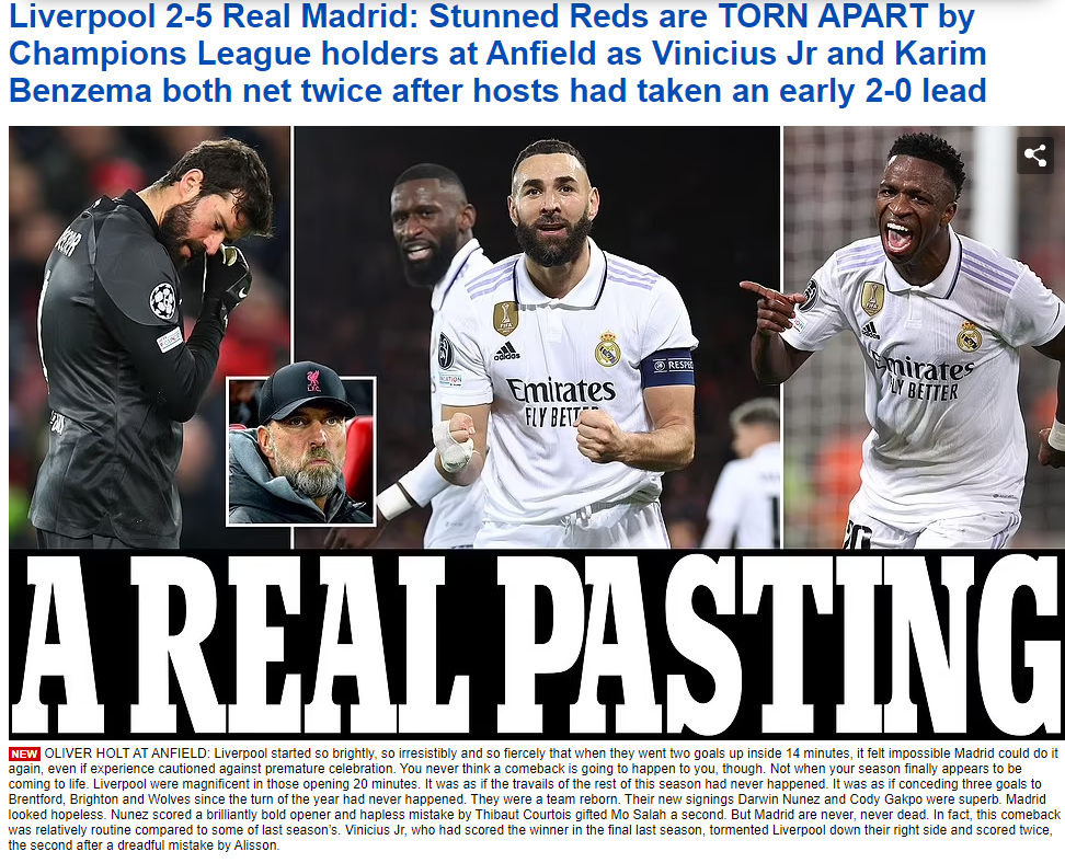 ¡En Inglaterra despedazan al Liverpool! Medios se rinden al supremo Real Madrid que goleó en Champions League