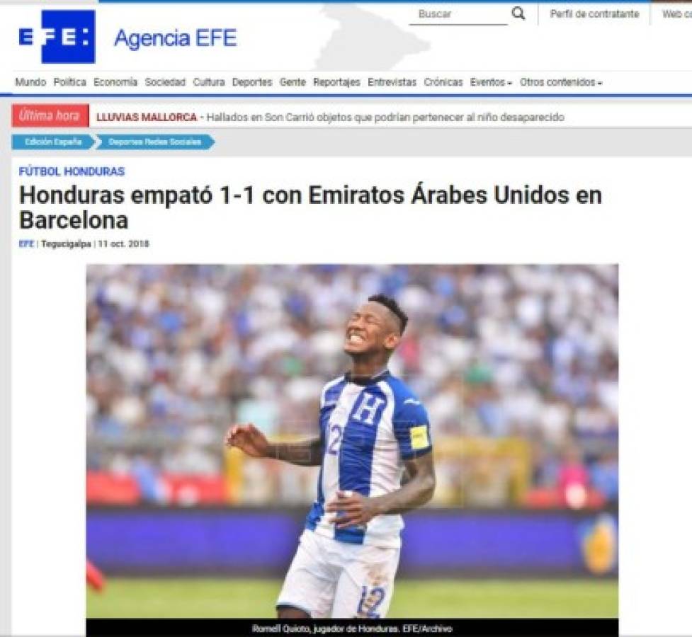 Esto dicen los medios internacionales del empate de Honduras ante Emiratos Árabes