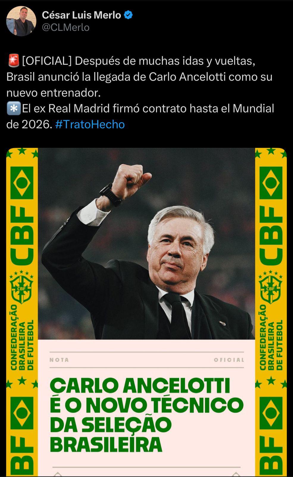 Tiemblan en Argentina, Nombramiento histórico: así reacciona la prensa tras el fichaje de Ancelotti a Brasil