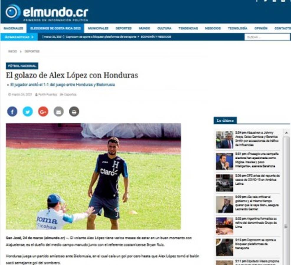 Prensa Internacional elogia a Alex López por su golazo en el empate de Honduras ante Bielorrusia