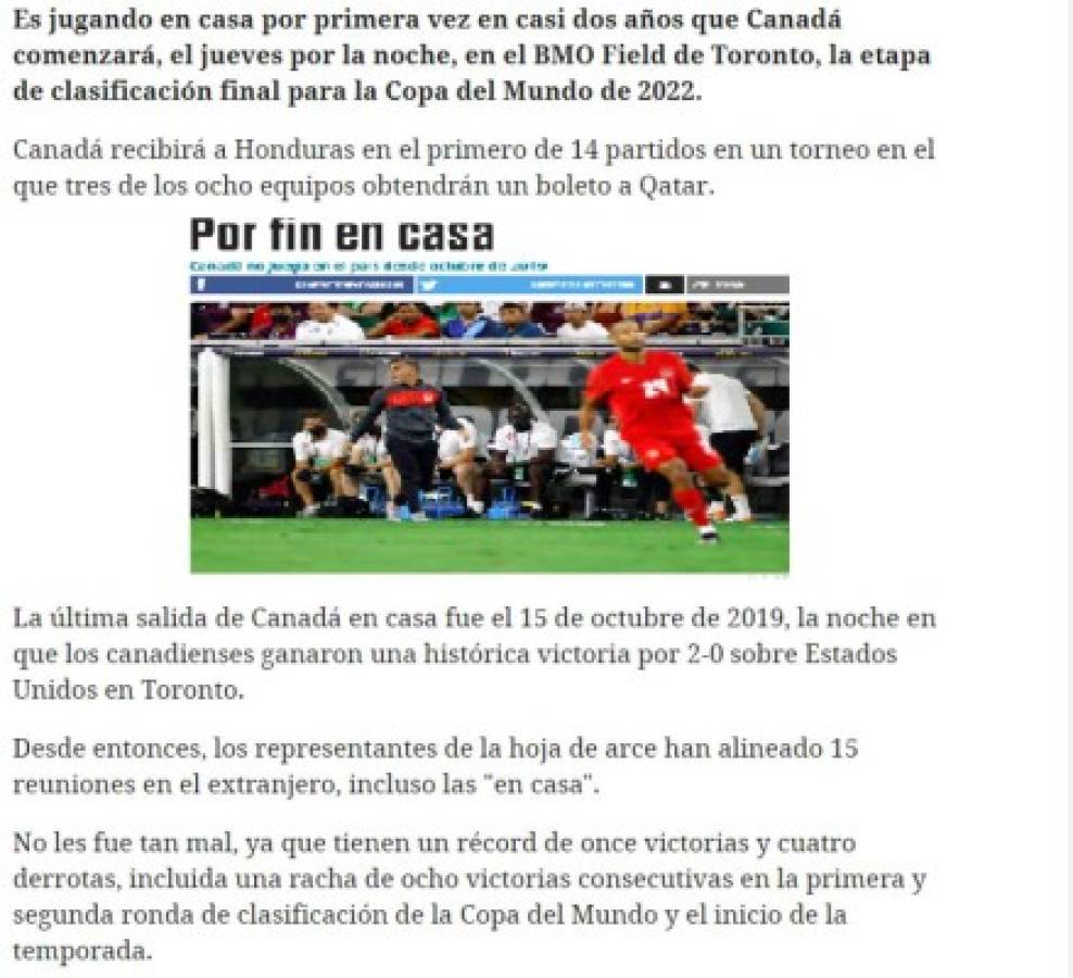 'Prueba real': Prensa internacional y los pronósticos para el Canadá-Honduras por las Eliminatorias rumbo a Qatar 2022  