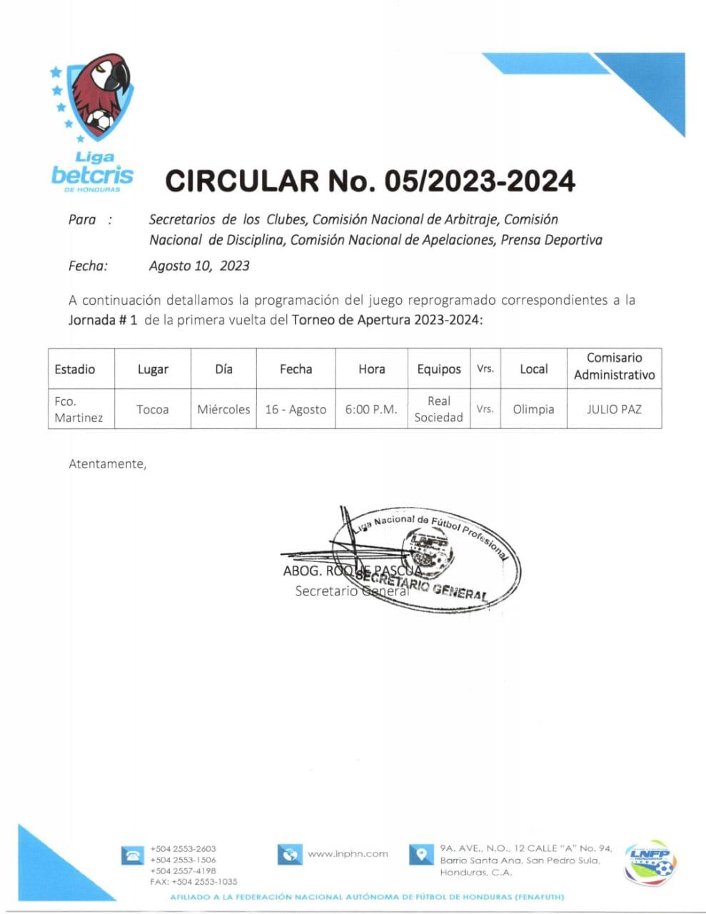 Confirmación del juego entre Olimpia y Real Sociedad para el miércoles 16 de agosto.