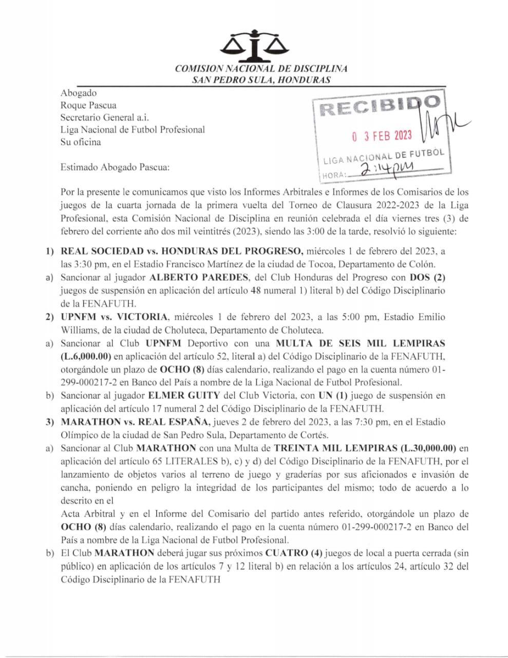 Los castigos que ha recibido Marathón tras lo ocurrido en el clásico ante Real España.