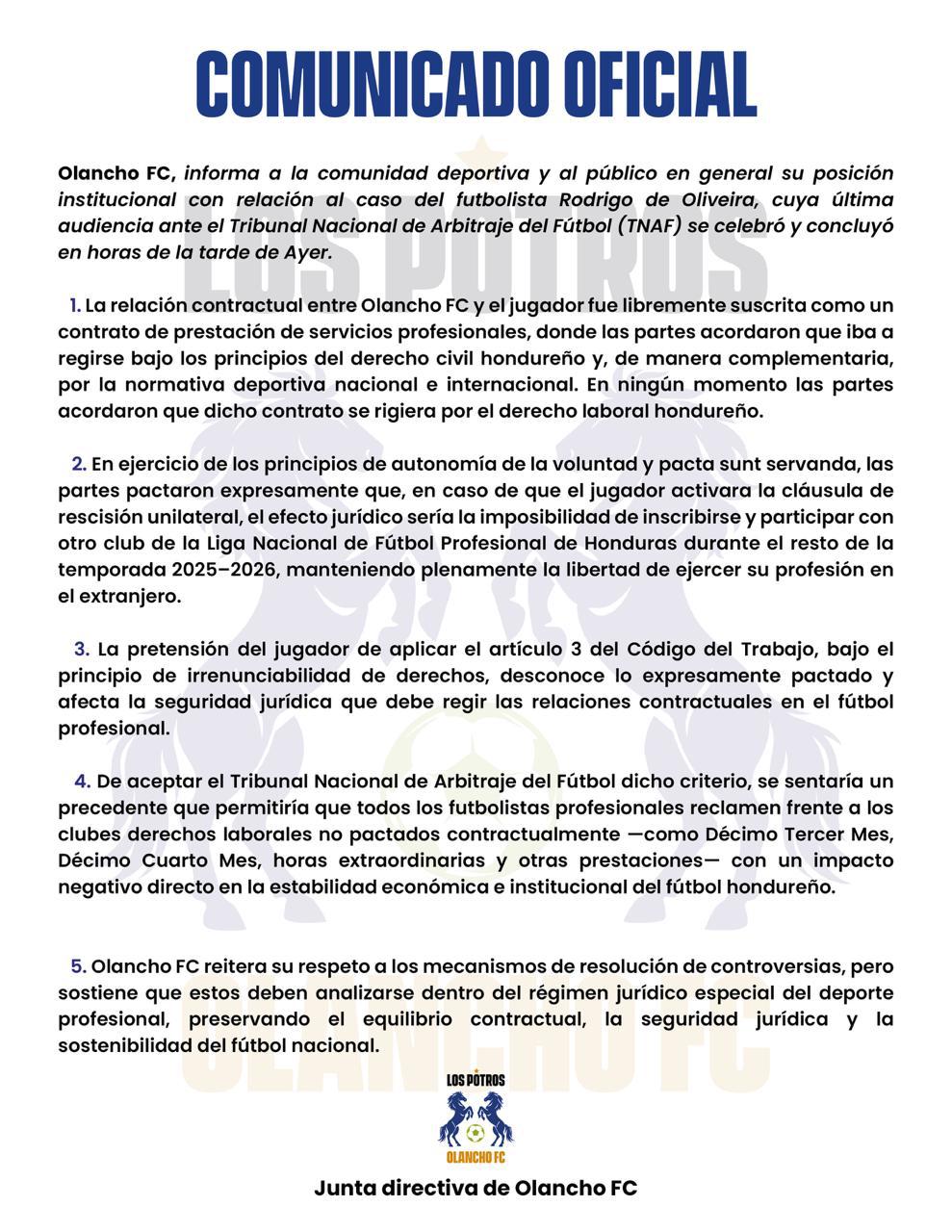 Este fue el comunicado oficial de los Potros de Olancho FC.