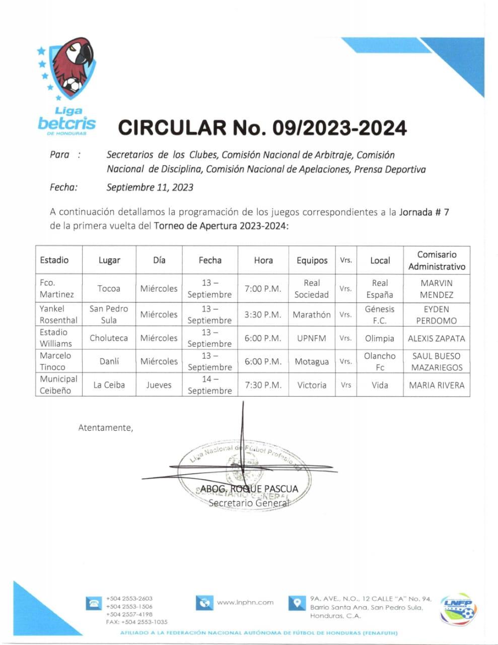 La Liga Nacional de Honduras confirmó las sedes, fechas y horarios de la jornada 7 del torneo Apertura 2023.