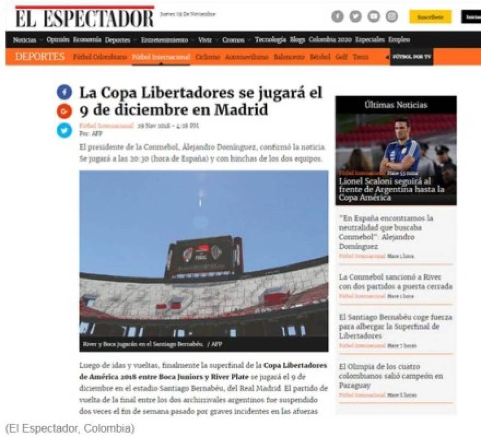 La final de la Copa Libertadores en el Bernabéu se roba la portadas del mundo