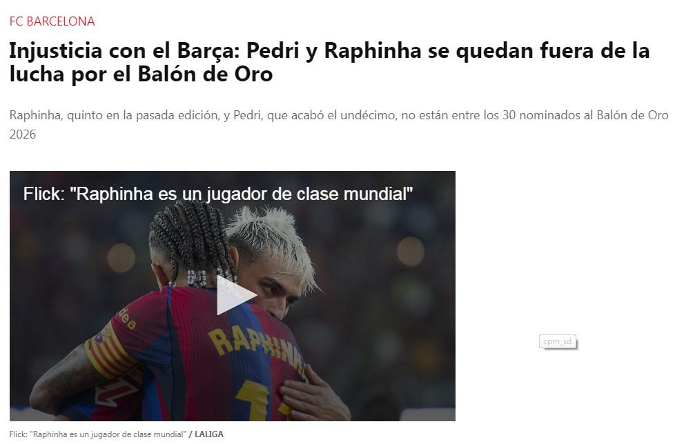 Diario Sport considera como injusto que Raphinha no esté en el Balón de Oro.