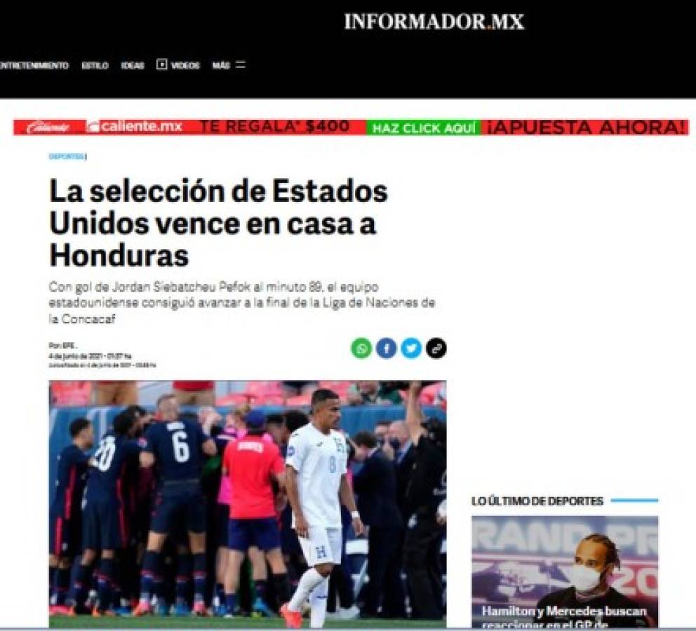 'Bofetada, polémico y con mejor fútbol'; Lo que dice la prensa de la derrota de Honduras ante EUA
