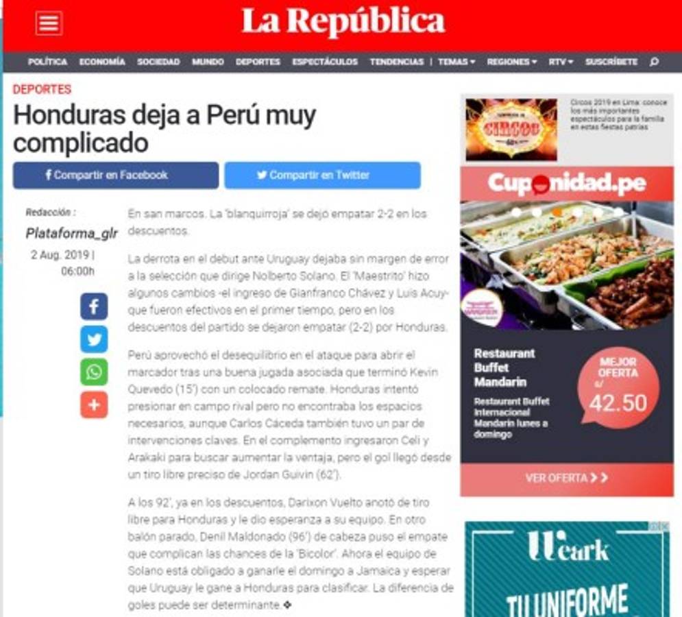Lo que dice la prensa peruana tras el empate doloroso ante Honduras: 'Un desastre'