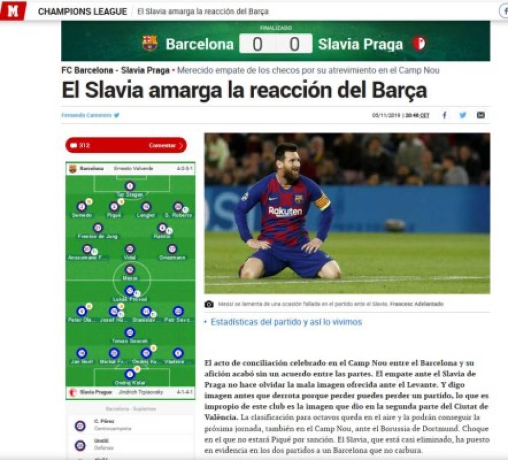 Prensa de España atiza contra Barcelona tras empate contra Slavia Praha en Champions