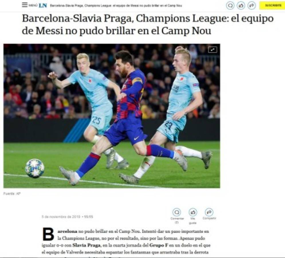 Prensa de España atiza contra Barcelona tras empate contra Slavia Praha en Champions