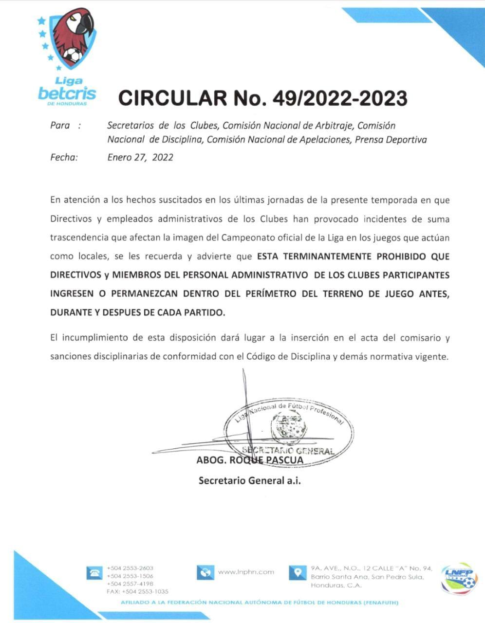 La Liga Nacional compartió esta circular a través de sus redes sociales.