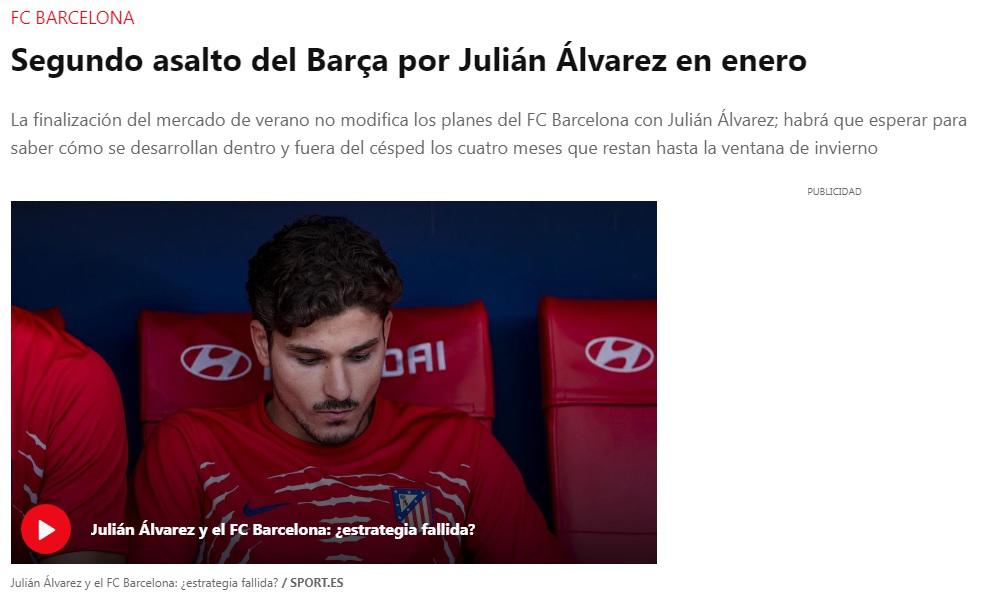 Diario Sport asegura que Barcelona irá por Julián Álvarez en enero.