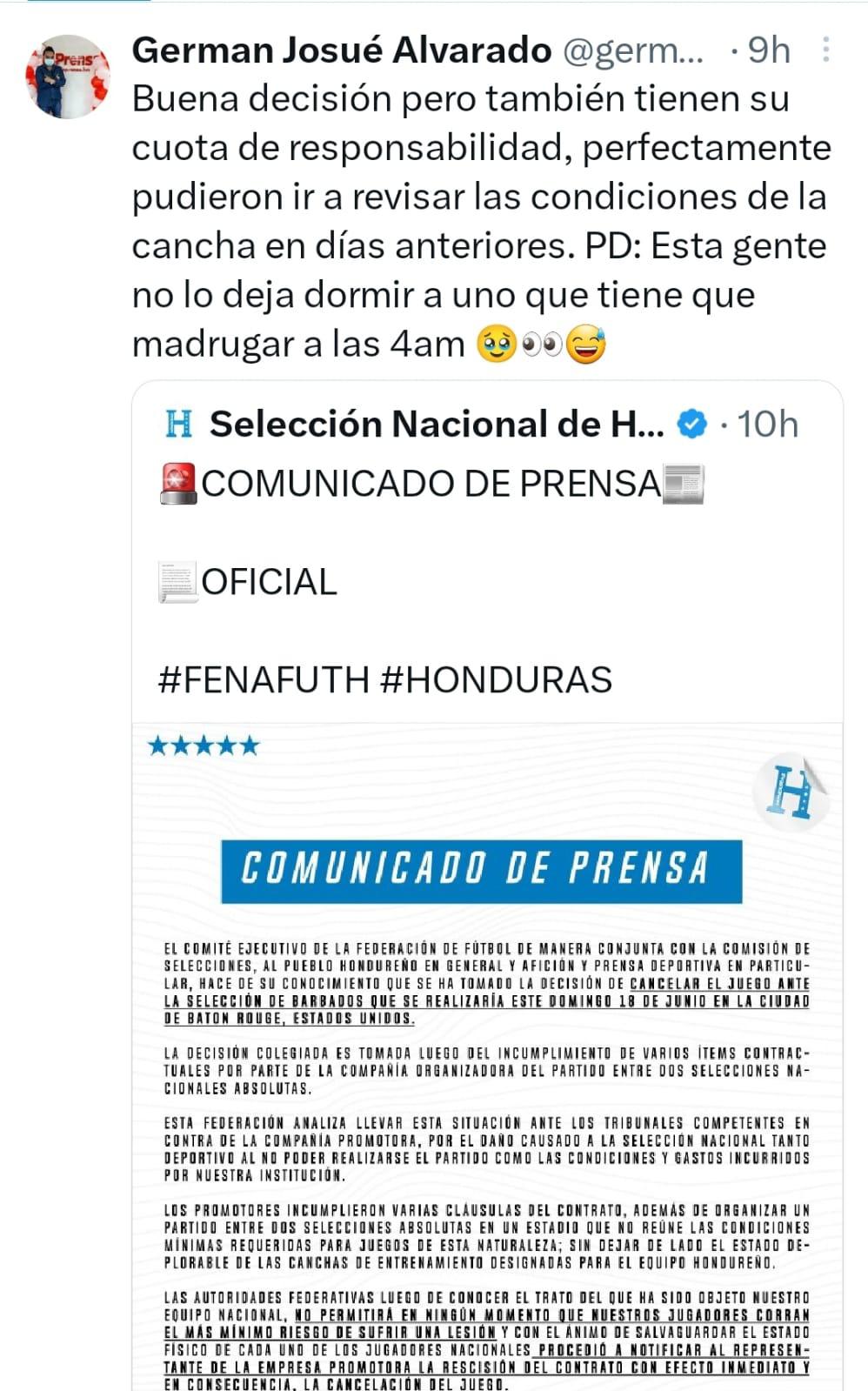 Prensa hondureña reacciona tras confirmarse la suspensión del partido amistoso entre Honduras vs Barbados