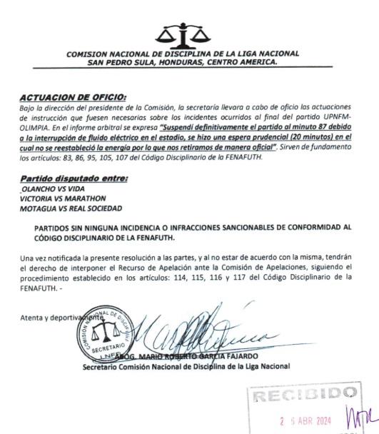 La Comisión de Disciplina abrió un expediente por el apagón de energía eléctrica en el Estadio Emilio Williams de Choluteca,