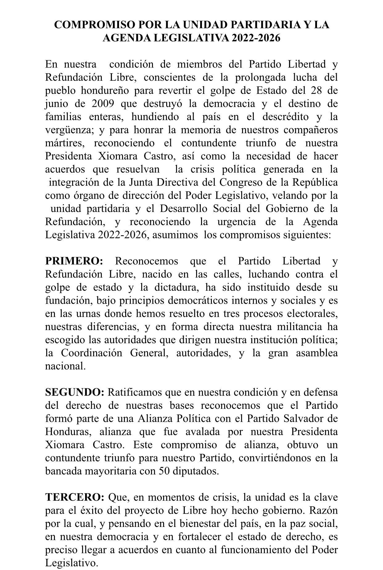 Jorge Cálix da un paso al costado y firma acuerdo para que Luis Redondo continúe como único presidente del Congreso Nacional