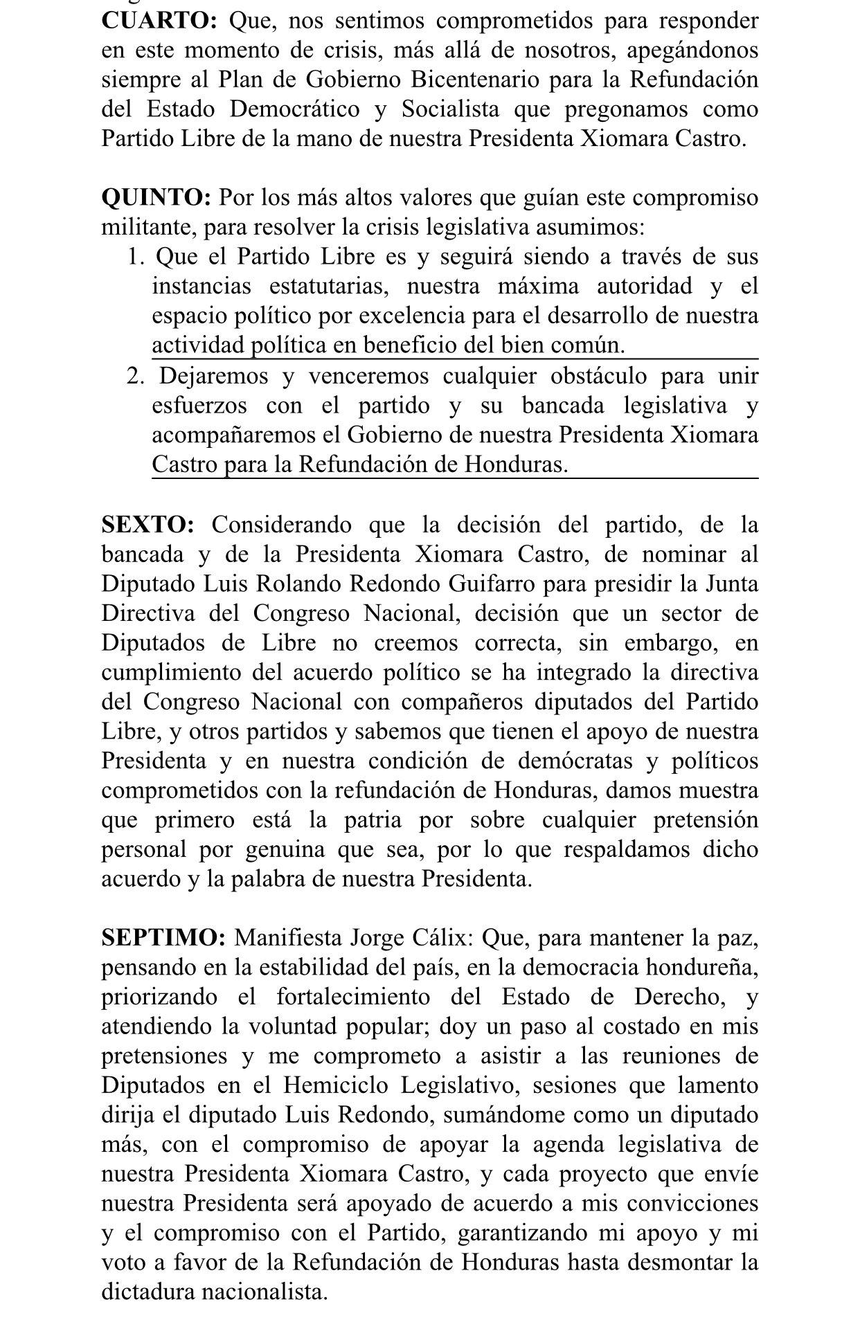 Jorge Cálix da un paso al costado y firma acuerdo para que Luis Redondo continúe como único presidente del Congreso Nacional
