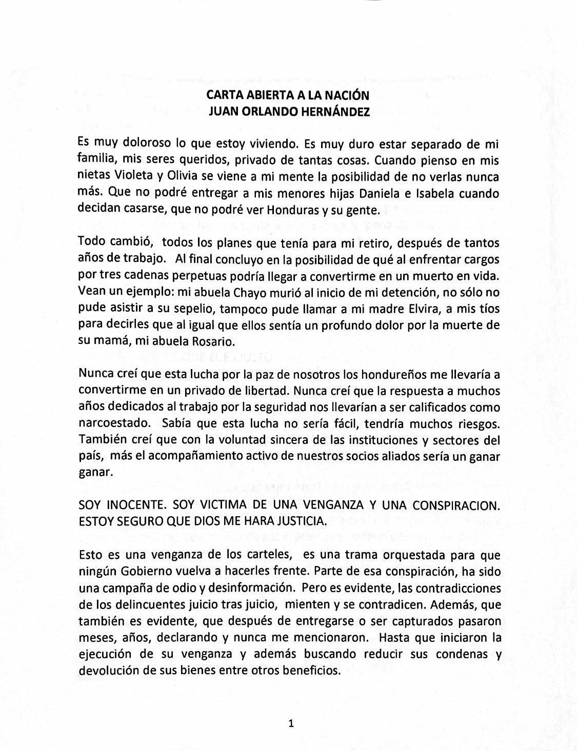 Carta abierta de Juan Orlando Hernández a Honduras: “Podría llegar a convertirme en un muerto en vida”