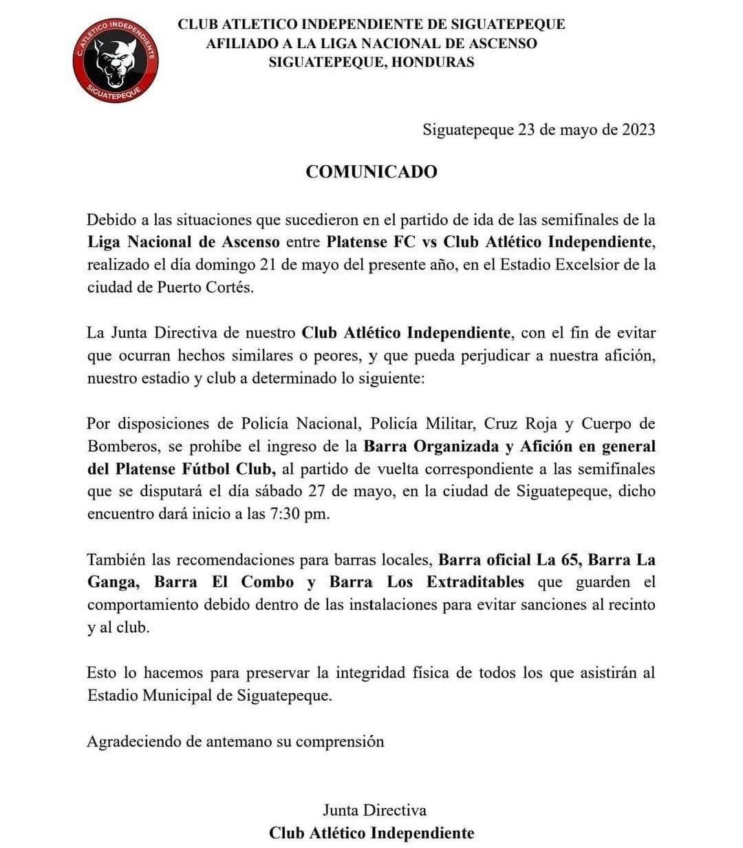 El comunicado oficial que lanzó la directiva del Independiente.
