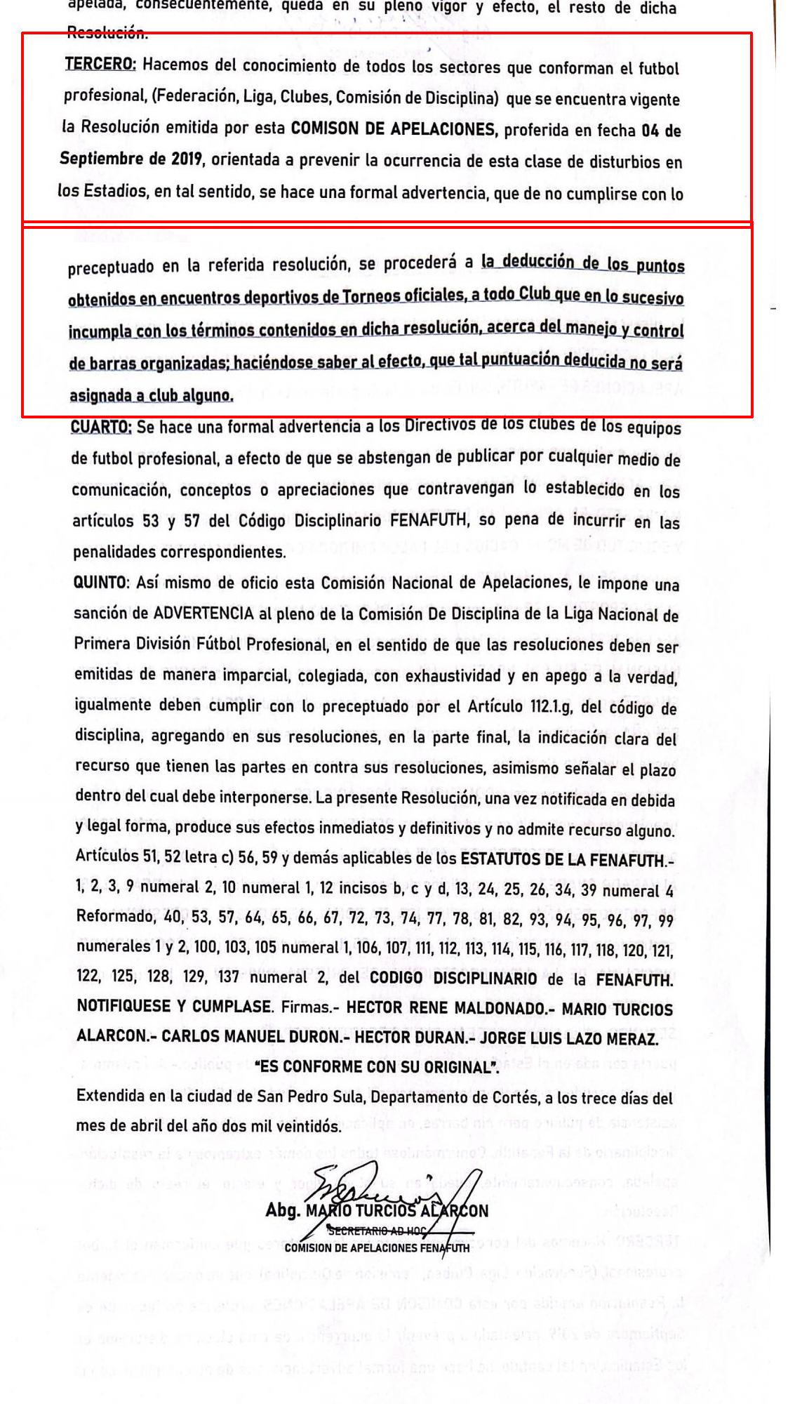 Resolución de la Comisión de Apelaciones tras recurso presentado por Real España.