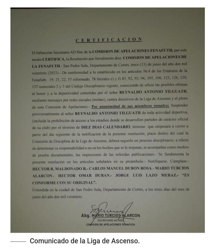 El comunicado de la Liga de Ascenso sobre el castigo al técnico hondureño Reynaldo Tilguath.