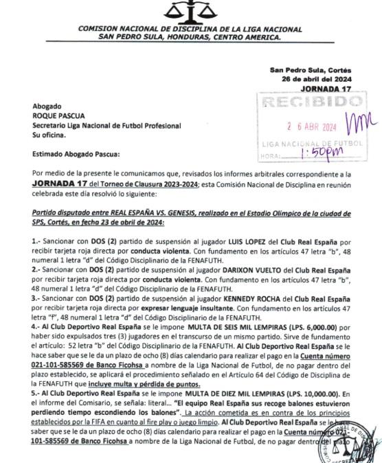 Castigos confirmados por la Comisión de Disciplina a los futbolistas del Real España y Génesis de Comayagua.