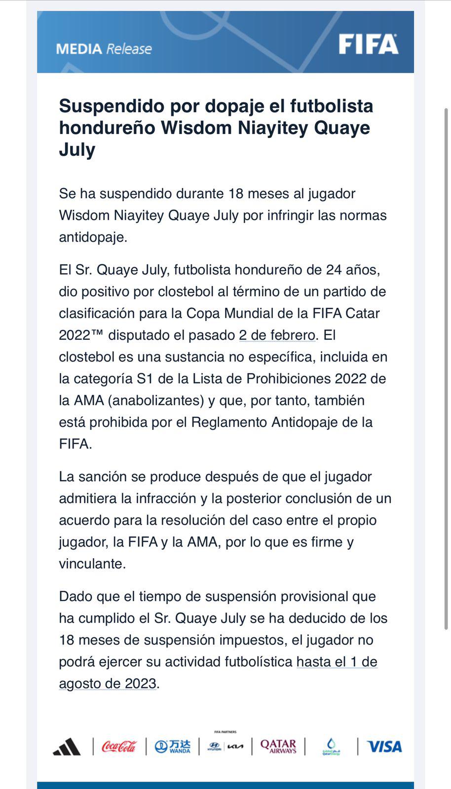 El comunicado oficial de FIFA sobre el caso de dopaje del futbolista Wisdom Quayé.