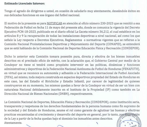 La carta de Condepor fue dirigida hacia el presidente Jorge Salomón, presidente de FENAFUTH.