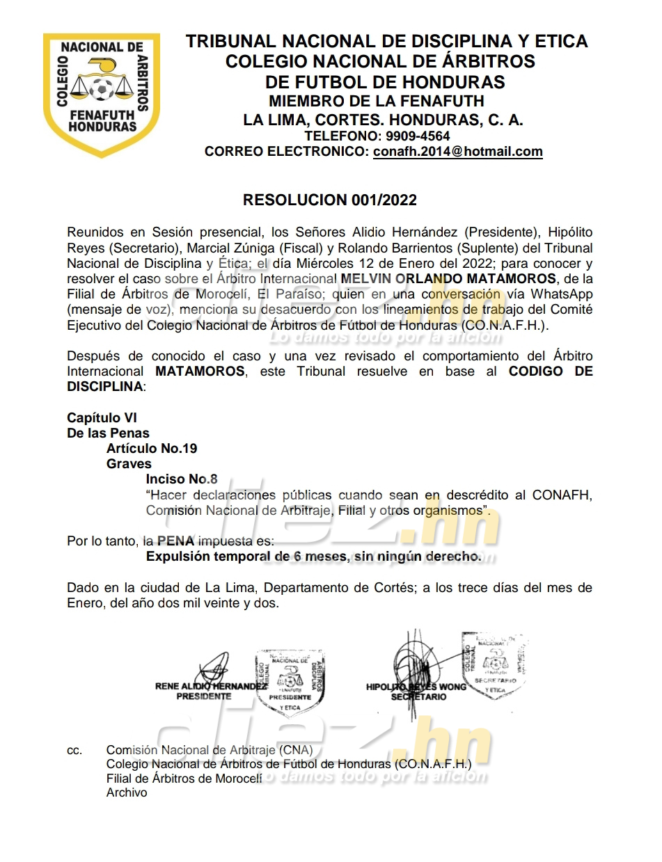Esta fue la resolución presentada por el Tribunal Nacional de Disciplina y Ética del Colegio Nacional de Árbitros de Honduras sobre el caso de Melvin Matamoros. FOTO: DIEZ