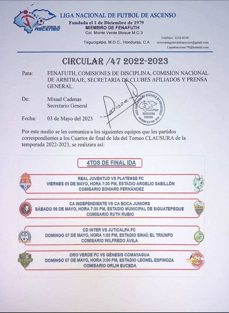 El calendario oficial de los duelos de ida de los cuartos de final del Clausura 2023 de la Liga de Ascenso.