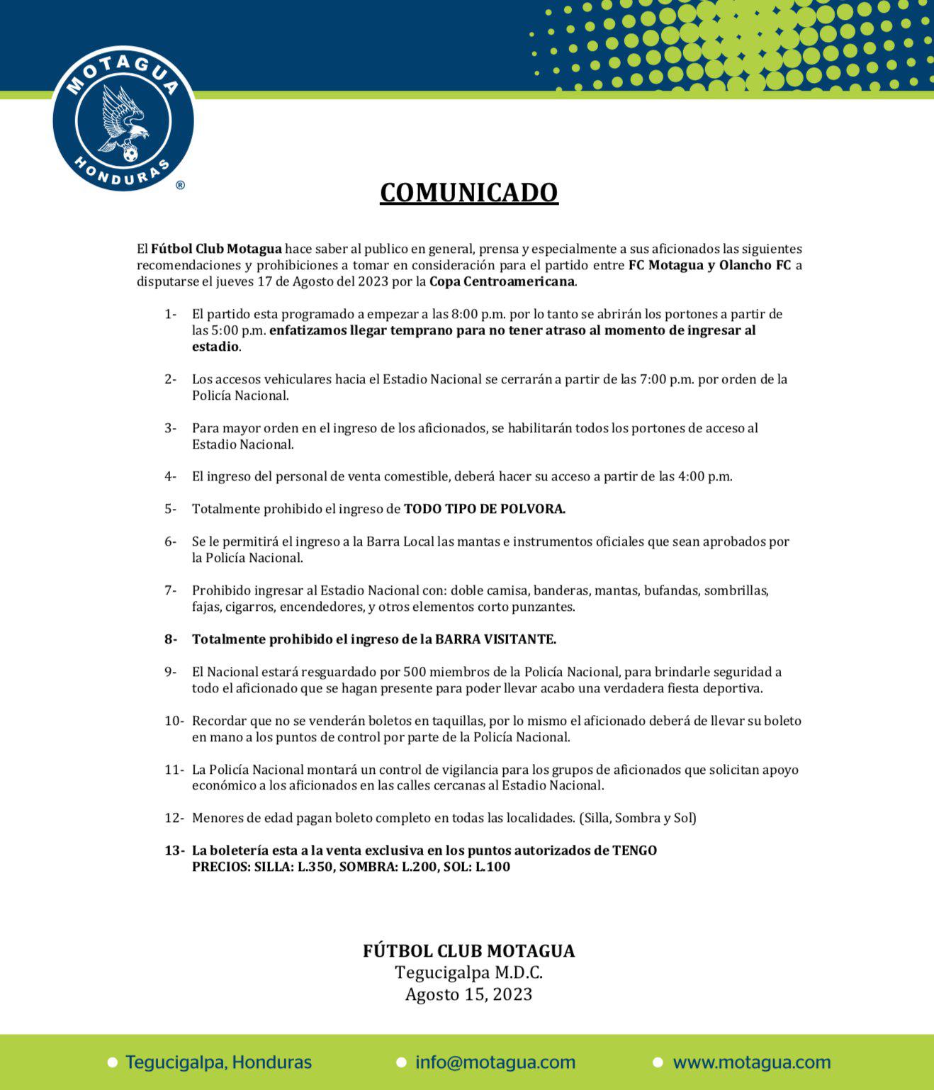 Las recomendaciones y prohibiciones para el partido entre Motagua y Olancho FC por la Copa Centroamericana