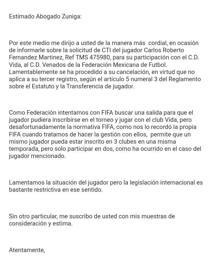 Carlos “Muma” Fernández no podrá jugar con el Vida este torneo, FIFA negó su inscripción