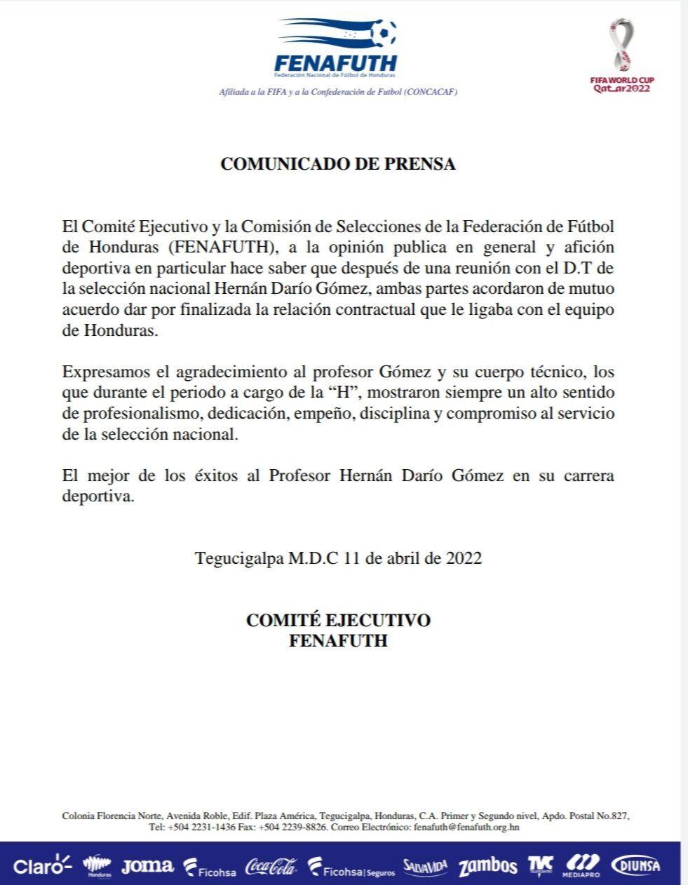 El comunicado oficial de Fenafuth anunciando la salida de Hernán “Bolillo” Gómez de la Selección de Honduras
