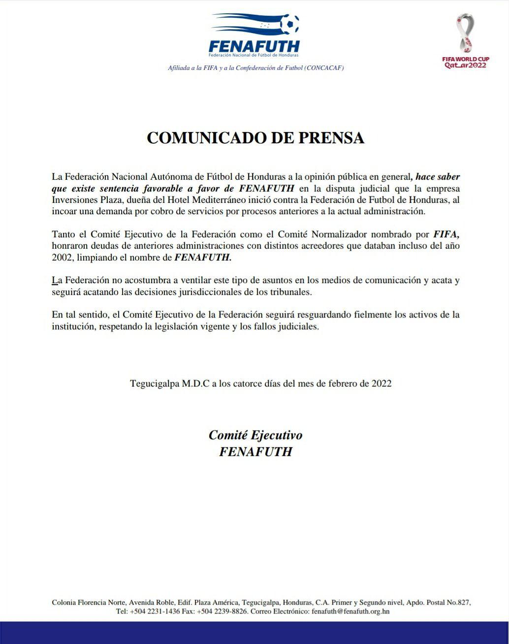 Demanda contra Fenafuth asciende a 32 millones de lempiras por falta de pago en hospedaje rumbo a Rusia 2018 en hotel sampedrano