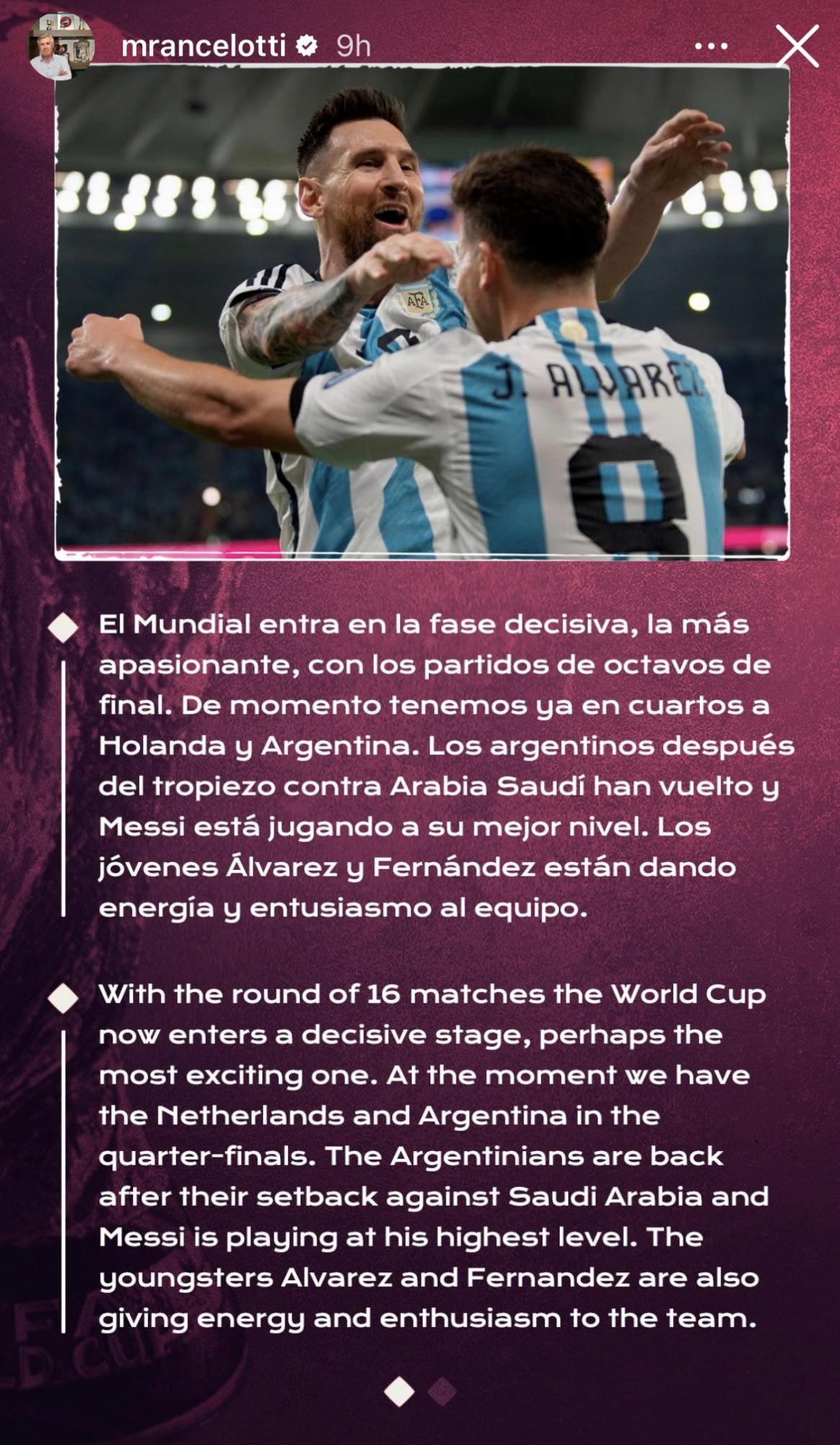 El mensaje de Carlo Ancelotti en sus redes sociales para la selección de Argentina,
