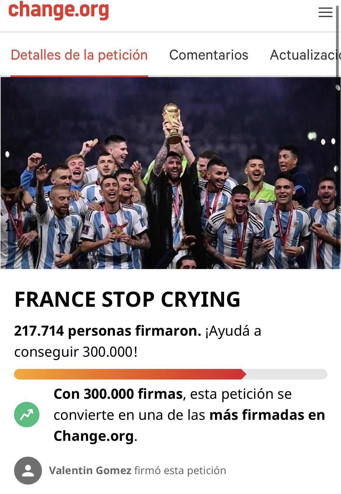 La fanaticada argentina respondió y ya supera en firmas a los galos: ‘‘Francia deja de llorar’’.
